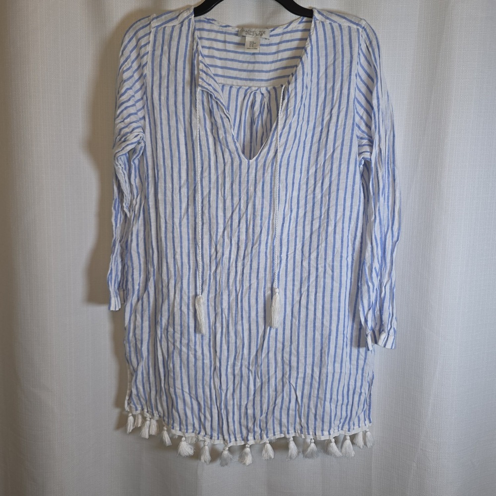RACHEL ZOE Cover Up M Linen Blend Striped Tunic Long Sleeve Beach Tasseled Blue